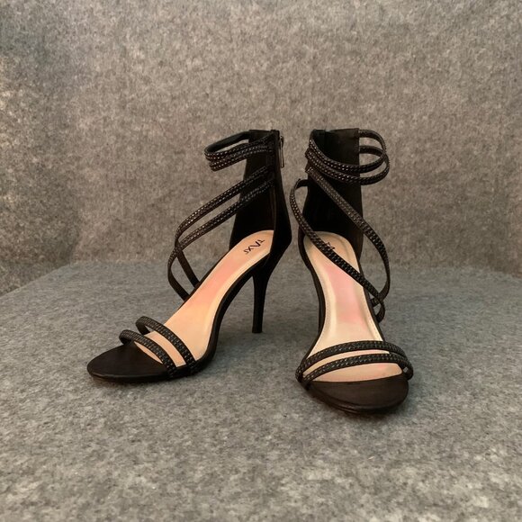 Taxi Women’s Black Glitter Zipper Heel Rhinestones Details Open Toe Shoes - Picture 3 of 10